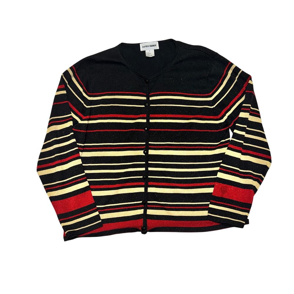 Alfred Dunner Cardigan Women's Size XL Black Red Tan Sparkle Striped Silk Blend